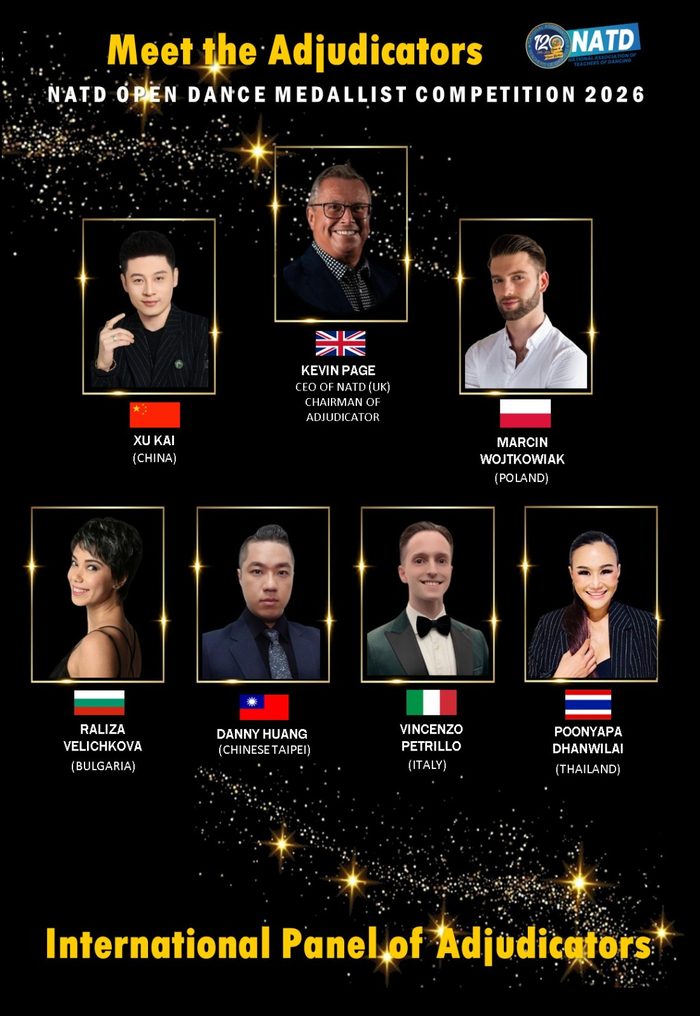 Poster introducing the international panel of adjudicators at a 2026 medallist competition, including Raliza Velichkova